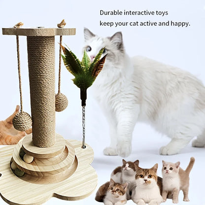 Indoor Cat Scratching Post for Home Pets, 2-Layer Ball Track Kitten Toy with Teasing Wand, Sisal Cat Scratching Post with Toy Ball