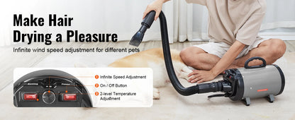 SucceBuy 2000W/2.7HP Dog Blow Dryer Adjustable Speed Temperature Control with 4 Nozzle and Extendable Hose for Pet Hair Grooming