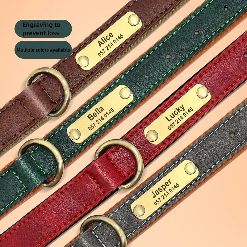 Personalized Customized Leather ID Nameplate Dog Collar Soft Padded Dogs Collars Free Engraving Name for Small Medium Large Dogs