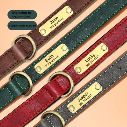 Personalized Customized Leather ID Nameplate Dog Collar Soft Padded Dogs Collars Free Engraving Name for Small Medium Large Dogs