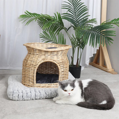 2-Tier Rattan Wicker Elevated Cat House Kitty Scratch Indoor Igloo Cat Bed Cave House Pet Bed Basket with Washable Soft Cushion