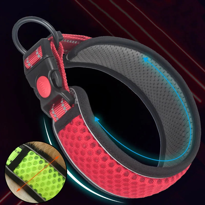 Reflective Dog Collar Night Safety Honeycomb Net Breathable Collars Anti Choke Padded Breathable Nylon Pet Collar Adjustable