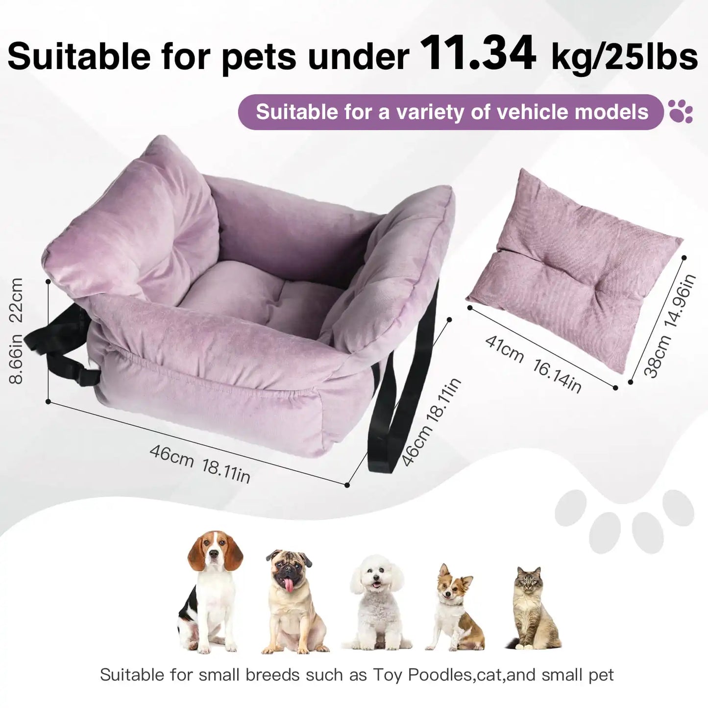 2-in-1 Dog Car Seat Carrier Bag - Detachable with Handles and Safety Belt, Travel Dog Booster Seat for Small Medium Dogs Cats