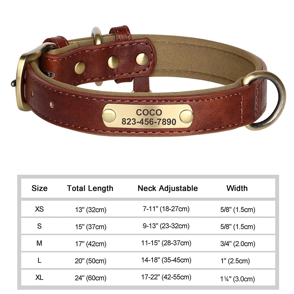 Personalized Customized Leather ID Nameplate Dog Collar Soft Padded Dogs Collars Free Engraving Name for Small Medium Large Dogs