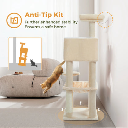 Multi-Level Cat Tree with Sisal Scratching Posts Cozy Condo Big Hammock Plush Cat Tower for Indoor Kitten House Bed Cat Toys