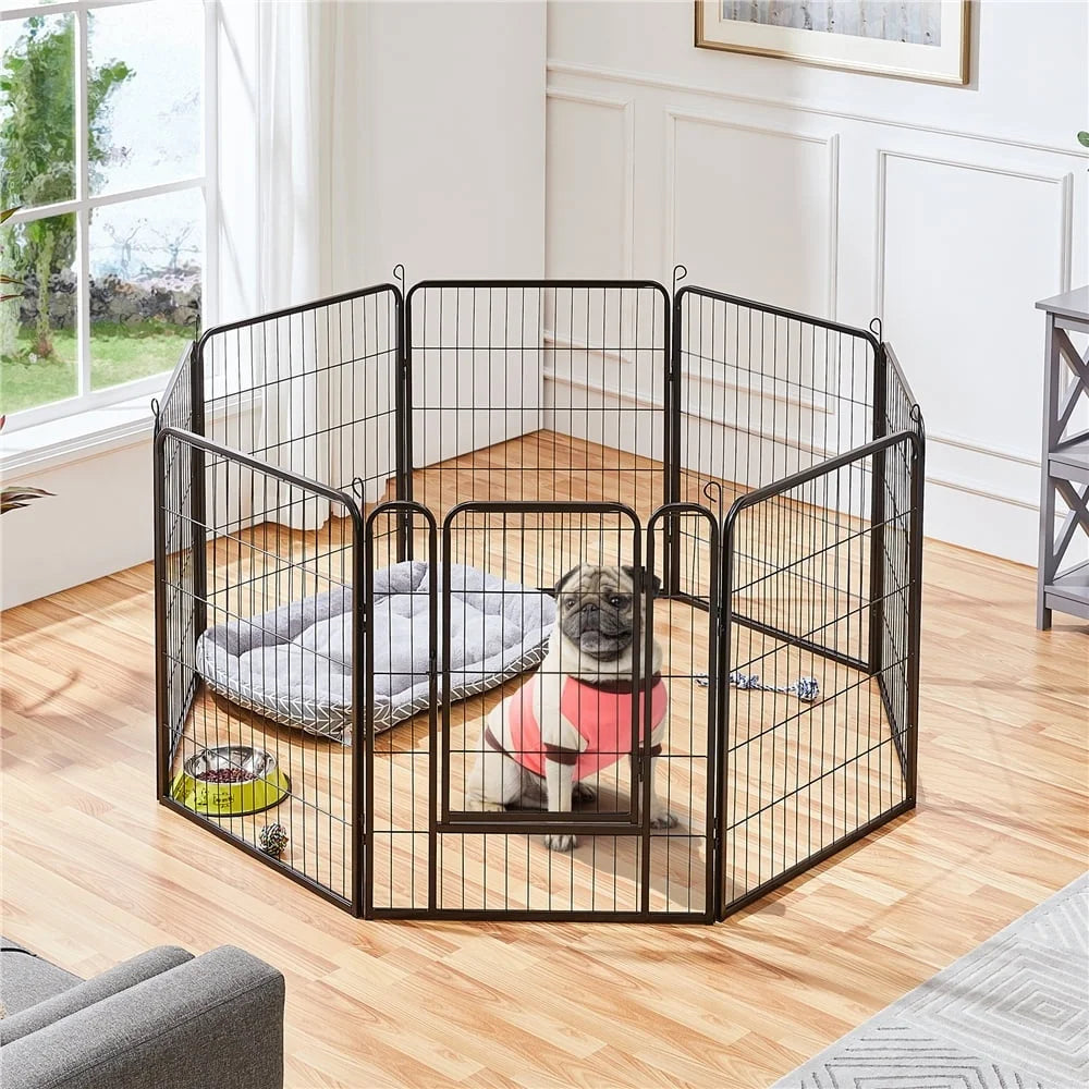 Heavy Duty Metal Pet Playpen Dog Cat Barrier Indoor Outdoor Exercise Fence with Gate 8 Panels and Anchors Included