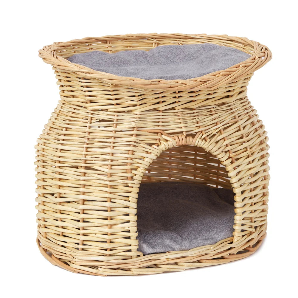 2-Tier Rattan Wicker Elevated Cat House Kitty Scratch Indoor Igloo Cat Bed Cave House Pet Bed Basket with Washable Soft Cushion