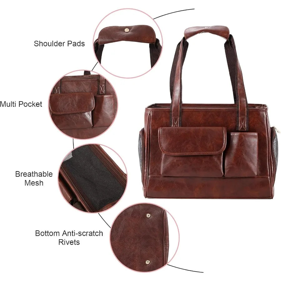 Fashionable Leather Dog Carrier Purse for Air Travel: SoftSided Pet Tote Bag with Multiple Pockets Ideal for Cats and Small Dog