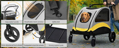 Heavy Duty Large Dog Stroller Buggy 4 Wheels Pet Jogger Pram Doggy Pushchair Brakes Foldable Travel Cart Carriage Zipper Entry