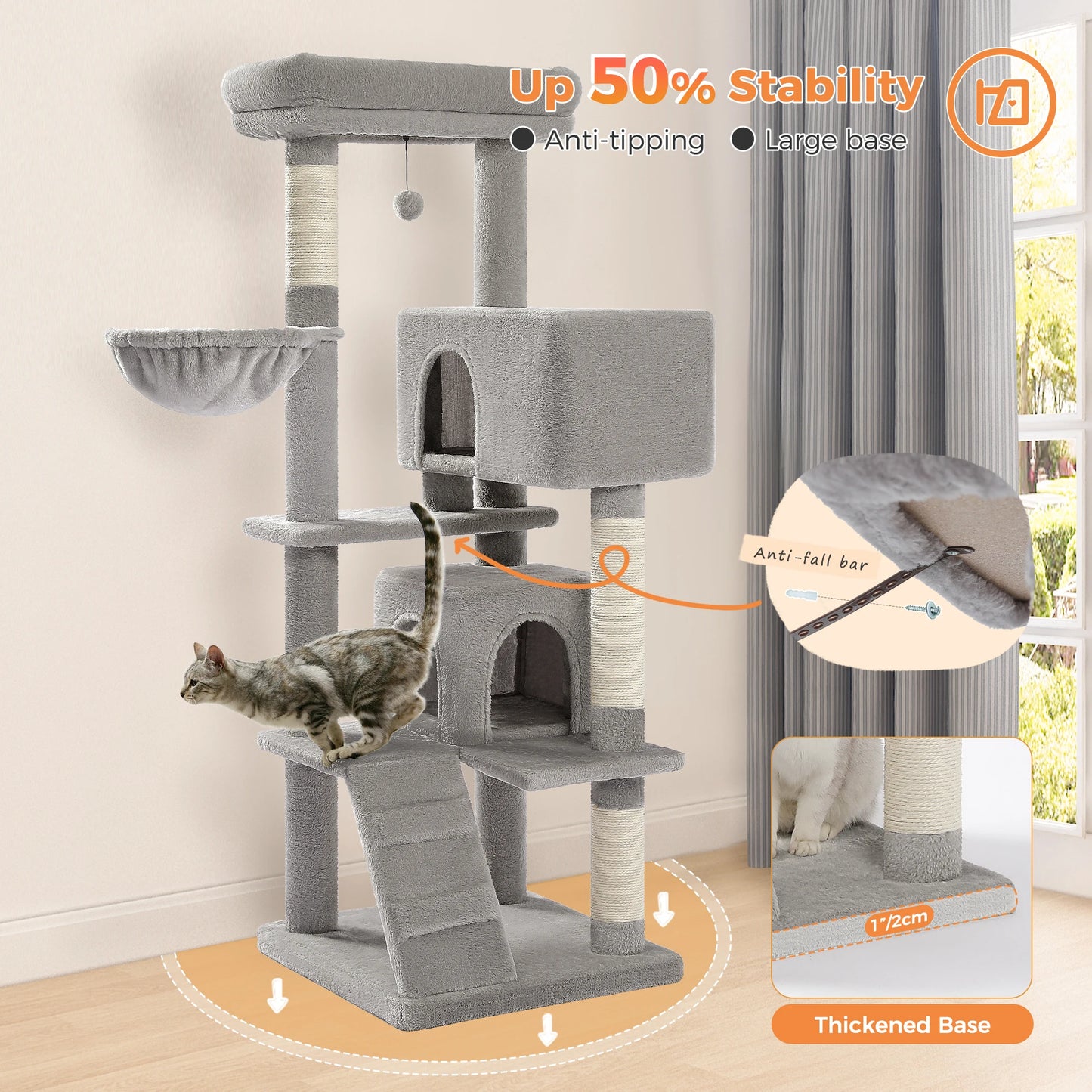 Luxury Cat Tree Multi-Level Tower with Cat Condo Cozy Perches Pet Play House Scratching Post Stable Cat Tower with Hanging Ball