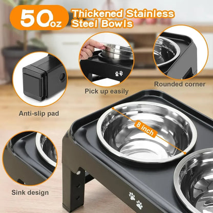 Adjustable Elevated Pet Dish Bowl Black Raised Stand with Double Stainless Steel Food Water Bowls for Small Medium Large Dog Cat