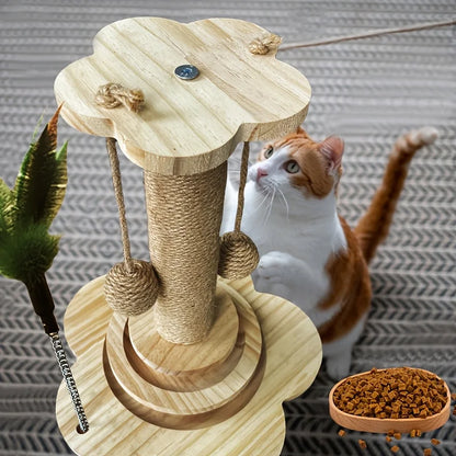 Indoor Cat Scratching Post for Home Pets, 2-Layer Ball Track Kitten Toy with Teasing Wand, Sisal Cat Scratching Post with Toy Ball