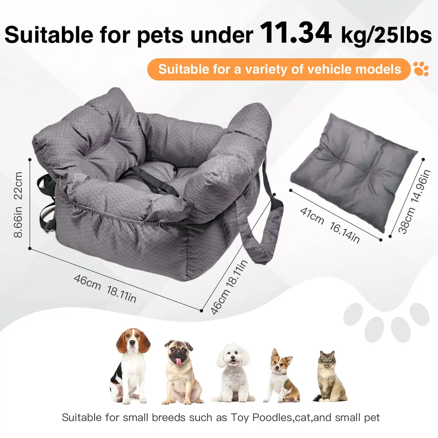 2-in-1 Dog Car Seat Carrier Bag - Detachable with Handles and Safety Belt, Travel Dog Booster Seat for Small Medium Dogs Cats