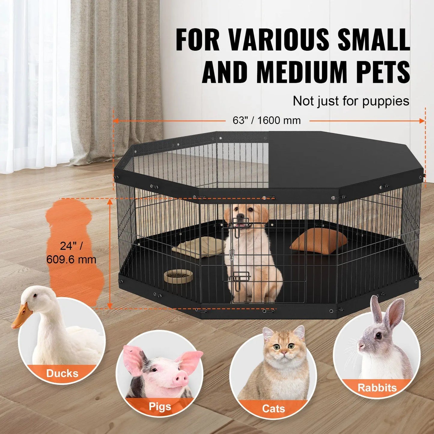 Dog Playpen, 8 Panels Foldable Metal Dog Exercise Pen with Top Cover and Bottom Pad, 24" H Pet Fence Puppy Crate Kennel, I