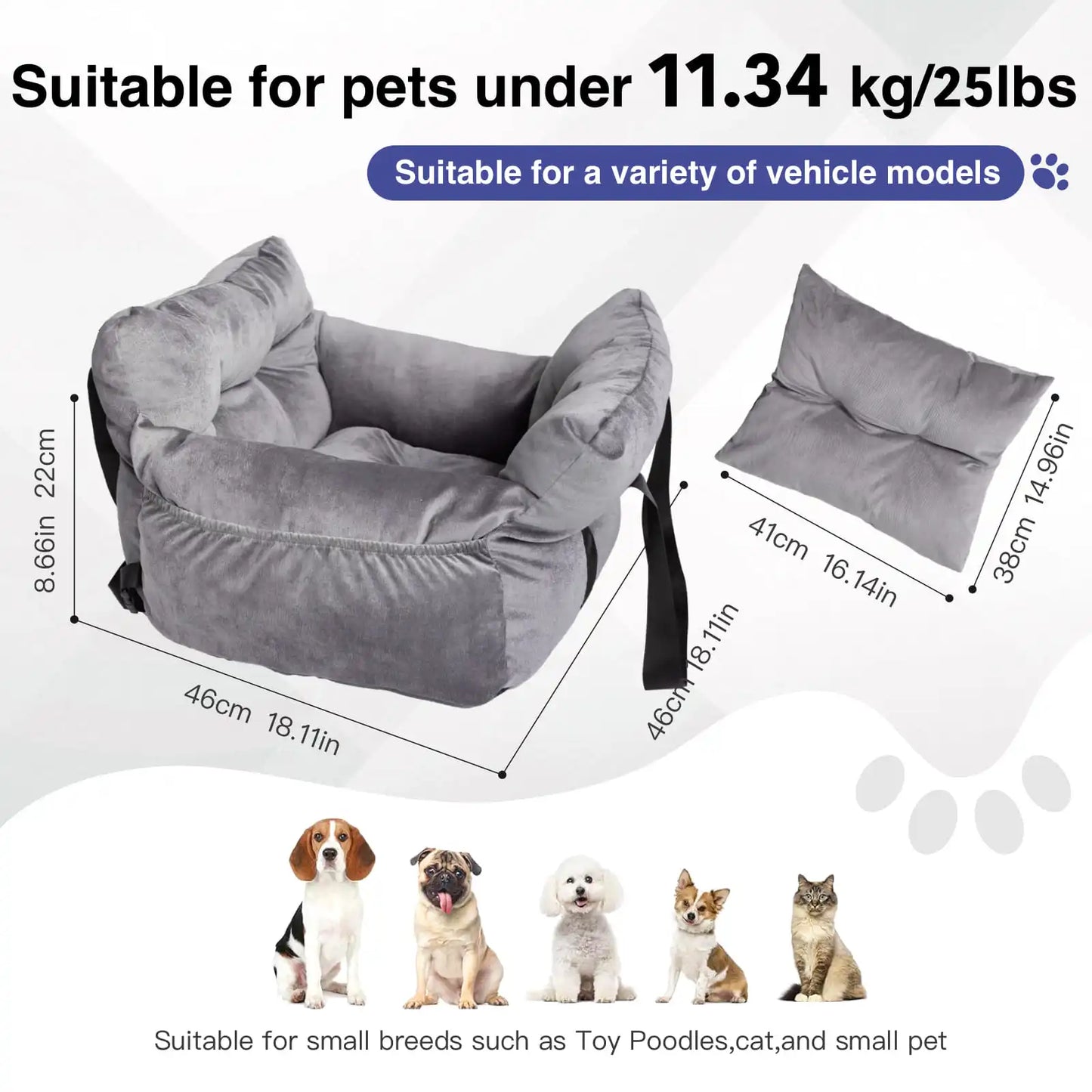 2-in-1 Dog Car Seat Carrier Bag - Detachable with Handles and Safety Belt, Travel Dog Booster Seat for Small Medium Dogs Cats