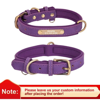 Personalized Customized Leather ID Nameplate Dog Collar Soft Padded Dogs Collars Free Engraving Name for Small Medium Large Dogs