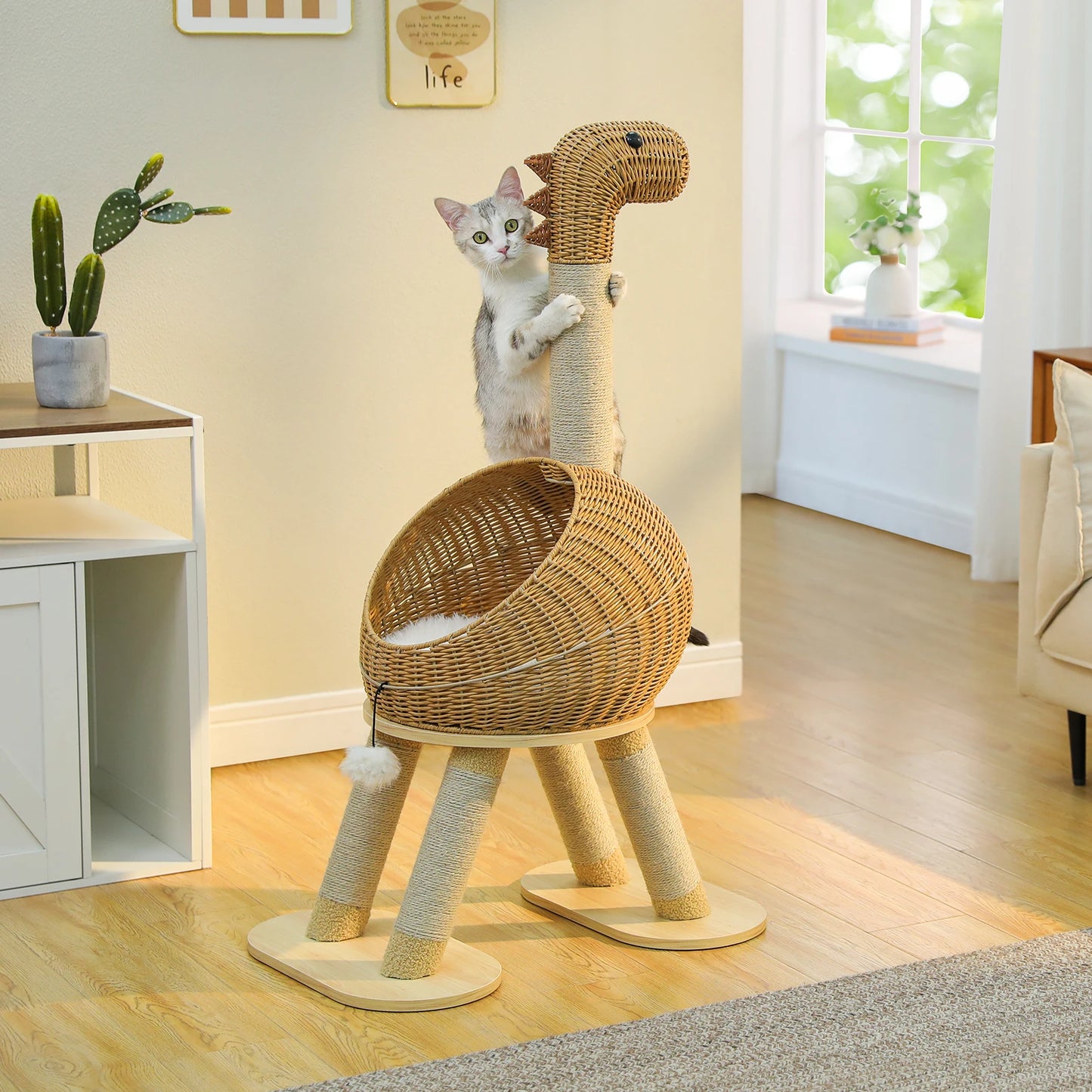 Whimsical Dinosaur Cat Tree Solid Tower with Pillow-Soft Plush Cushion,Removable Mat,Scratching Post, Generous Rattan Nest,116cm