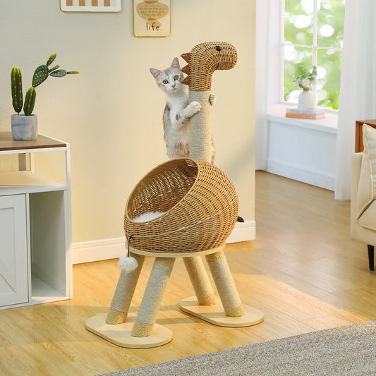 Whimsical Dinosaur Cat Tree Solid Tower with Pillow-Soft Plush Cushion,Removable Mat,Scratching Post, Generous Rattan Nest,116cm