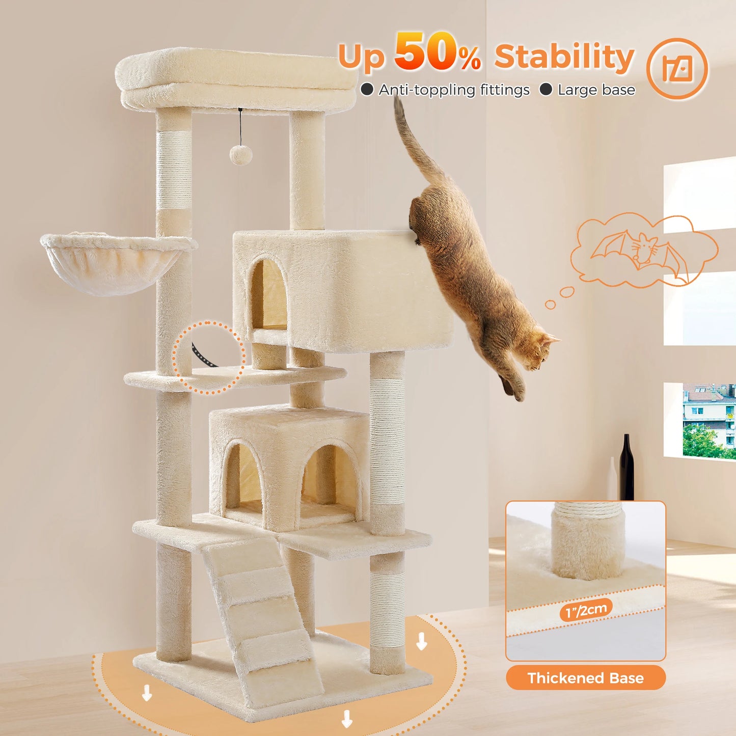 Luxury Cat Tree Multi-Level Tower with Cat Condo Cozy Perches Pet Play House Scratching Post Stable Cat Tower with Hanging Ball