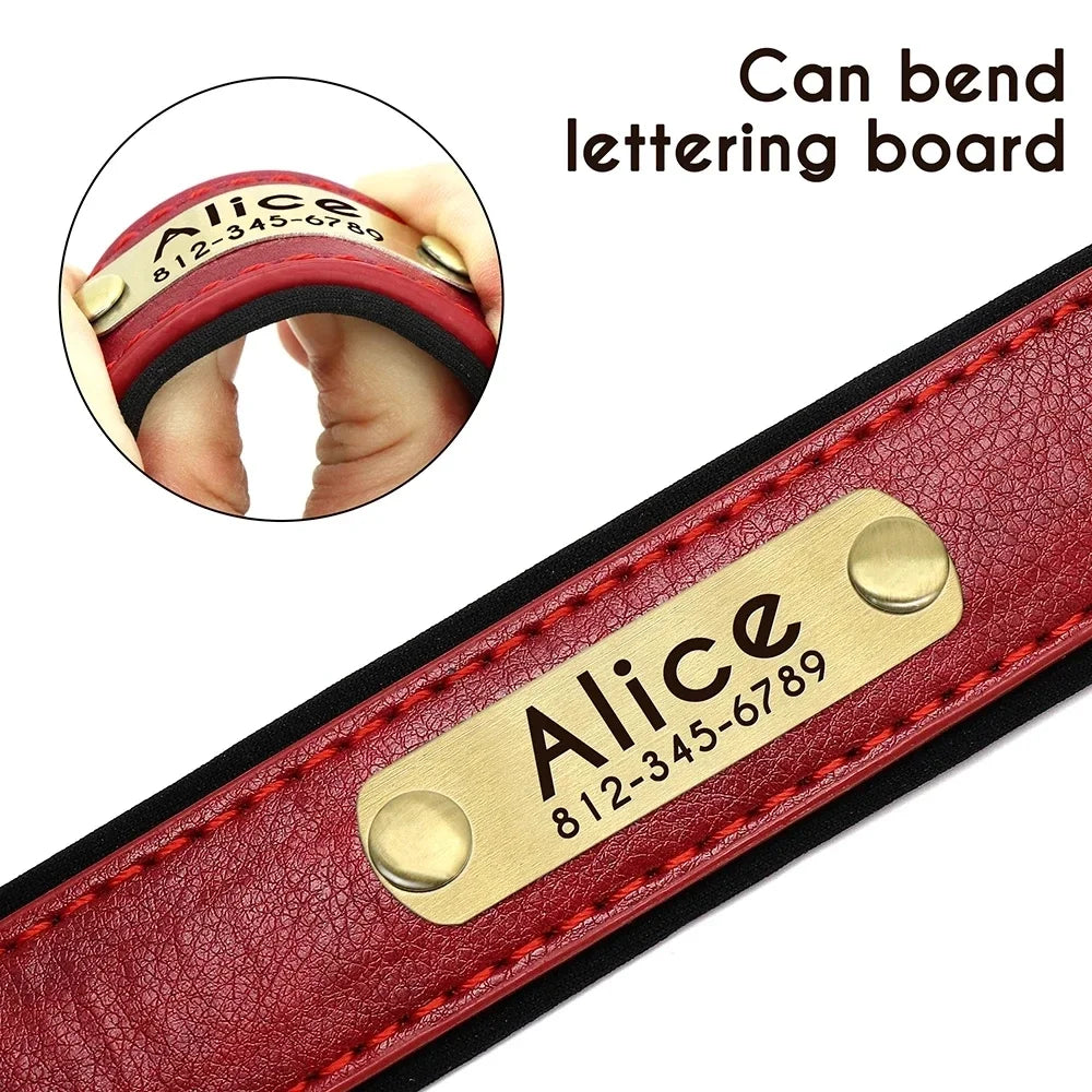 Personalized Customized Leather ID Nameplate Dog Collar Soft Padded Dogs Collars Free Engraving Name for Small Medium Large Dogs