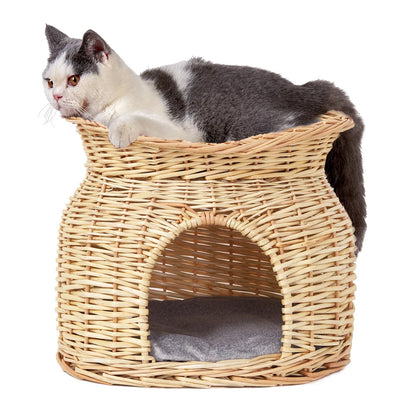 2-Tier Rattan Wicker Elevated Cat House Kitty Scratch Indoor Igloo Cat Bed Cave House Pet Bed Basket with Washable Soft Cushion