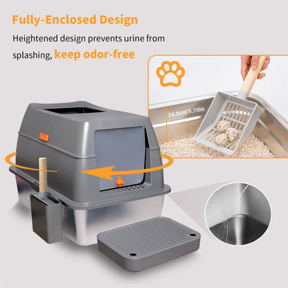 Enclosed Stainless Steel Cat Litter Box with Lid Extra Large for Big Cats Kitty Metal Litter Pan Tray High Wall Sides