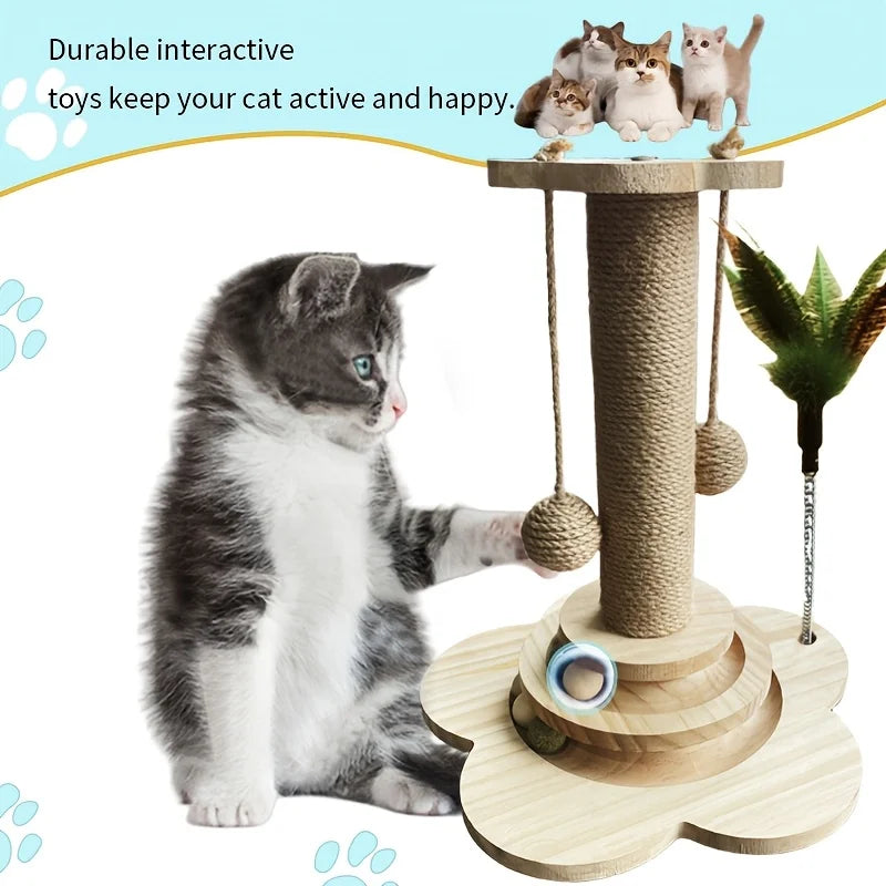Indoor Cat Scratching Post for Home Pets, 2-Layer Ball Track Kitten Toy with Teasing Wand, Sisal Cat Scratching Post with Toy Ball