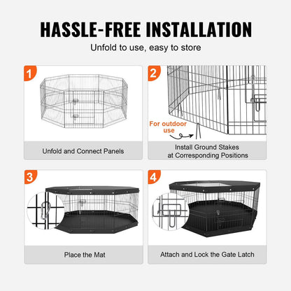Dog Playpen, 8 Panels Foldable Metal Dog Exercise Pen with Top Cover and Bottom Pad, 24" H Pet Fence Puppy Crate Kennel, I