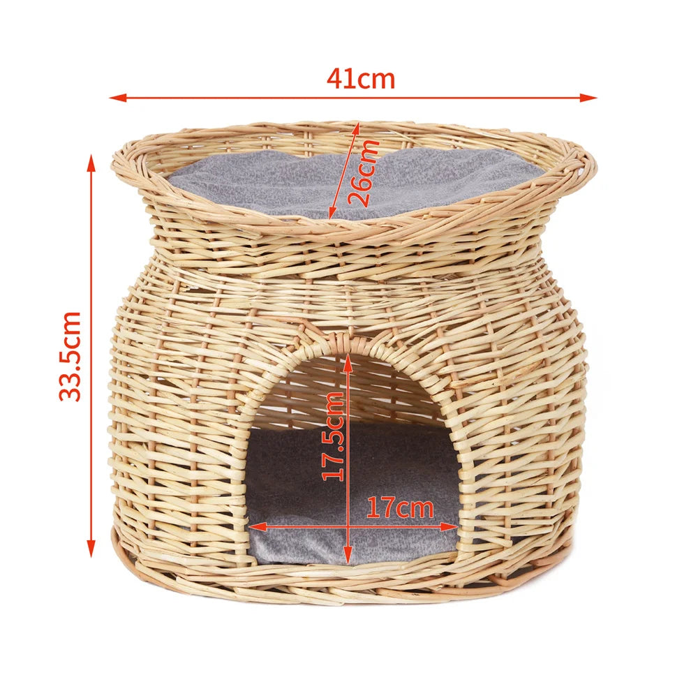 2-Tier Rattan Wicker Elevated Cat House Kitty Scratch Indoor Igloo Cat Bed Cave House Pet Bed Basket with Washable Soft Cushion