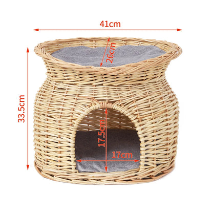 2-Tier Rattan Wicker Elevated Cat House Kitty Scratch Indoor Igloo Cat Bed Cave House Pet Bed Basket with Washable Soft Cushion