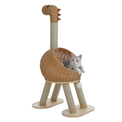 Whimsical Dinosaur Cat Tree Solid Tower with Pillow-Soft Plush Cushion,Removable Mat,Scratching Post, Generous Rattan Nest,116cm