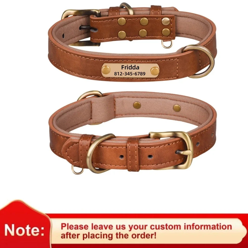 Personalized Customized Leather ID Nameplate Dog Collar Soft Padded Dogs Collars Free Engraving Name for Small Medium Large Dogs
