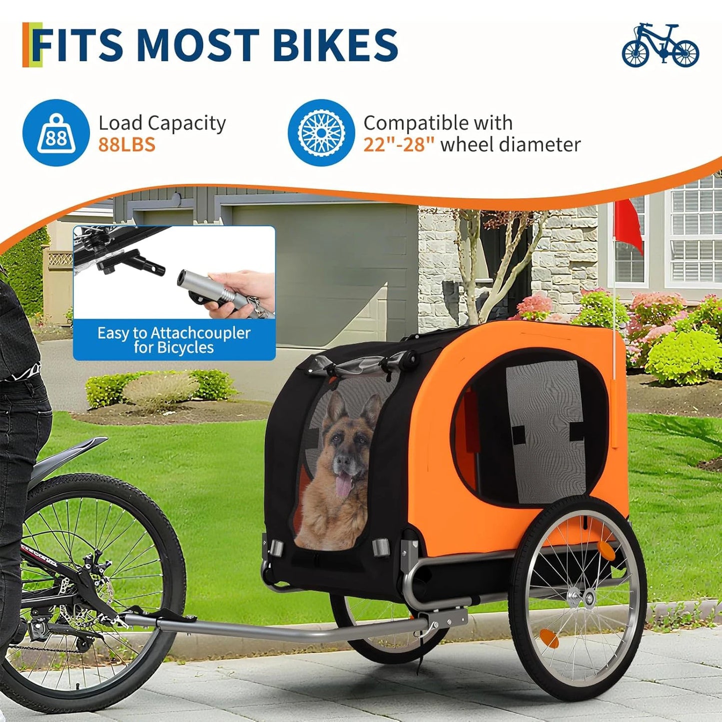 2-in-1 Pet Stroller Cart Bicycle Carrier, Universal Bicycle Coupler, Dog Bike Trailer, Supports up to 88 lbs, Easy Folding