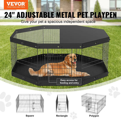 Dog Playpen, 8 Panels Foldable Metal Dog Exercise Pen with Top Cover and Bottom Pad, 24" H Pet Fence Puppy Crate Kennel, I