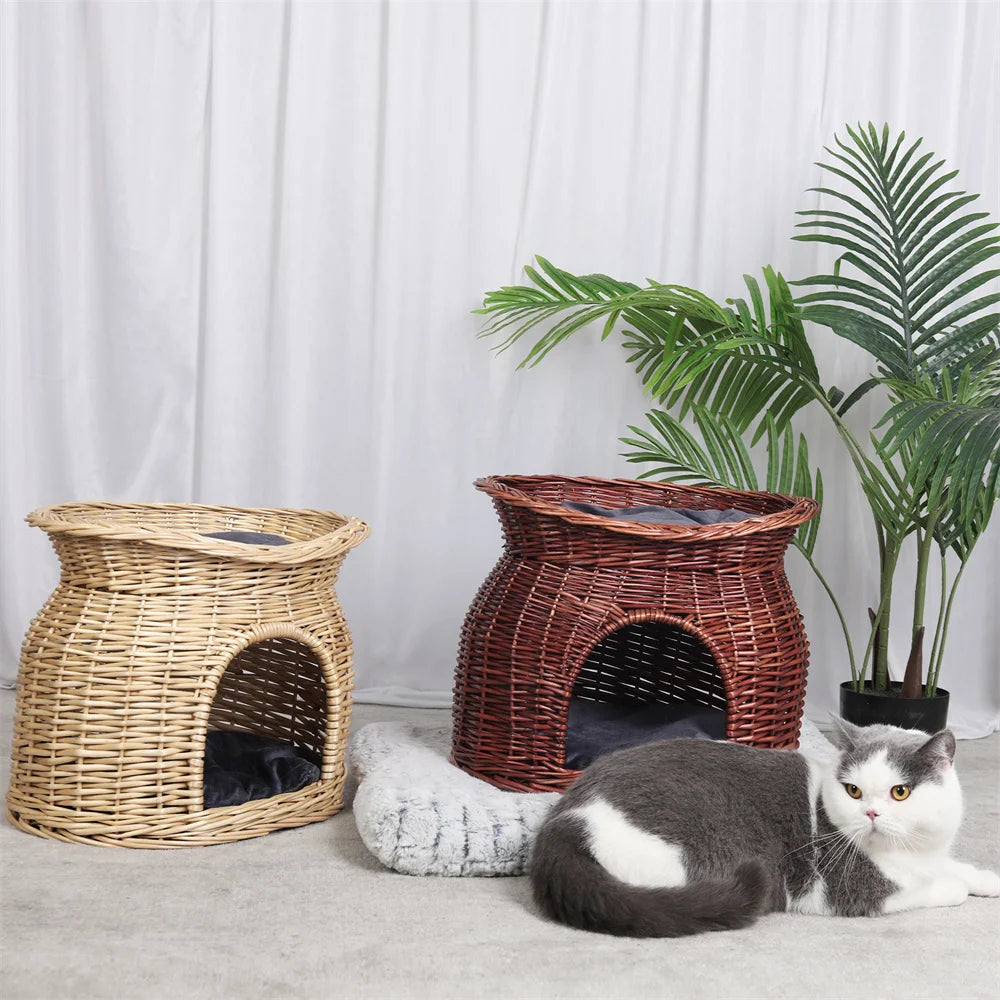 2-Tier Rattan Wicker Elevated Cat House Kitty Scratch Indoor Igloo Cat Bed Cave House Pet Bed Basket with Washable Soft Cushion
