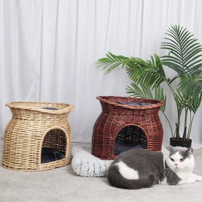 2-Tier Rattan Wicker Elevated Cat House Kitty Scratch Indoor Igloo Cat Bed Cave House Pet Bed Basket with Washable Soft Cushion