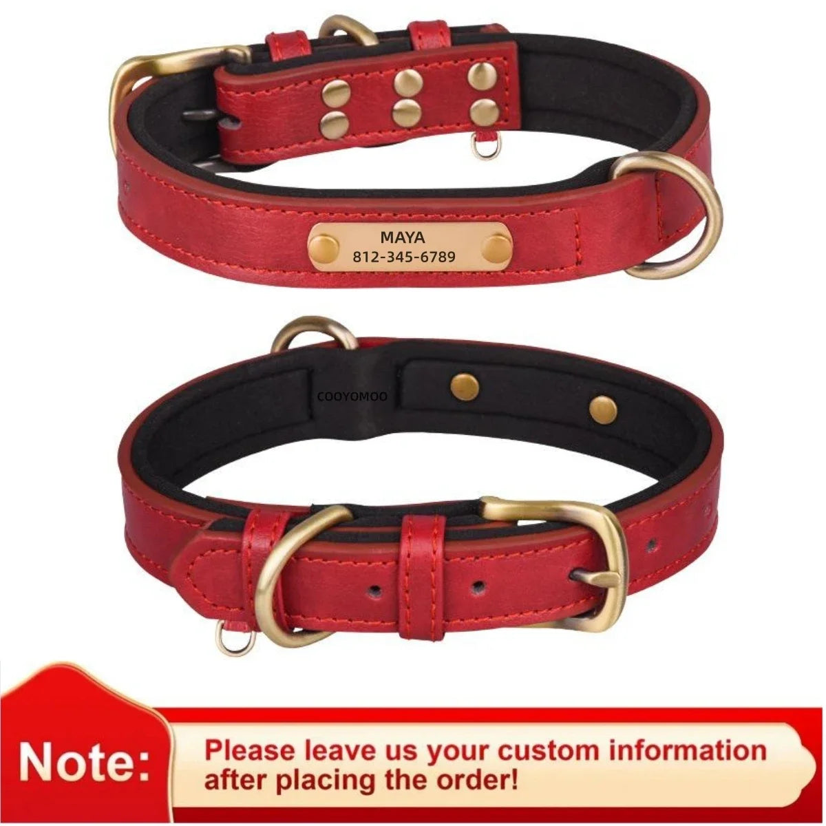 Personalized Customized Leather ID Nameplate Dog Collar Soft Padded Dogs Collars Free Engraving Name for Small Medium Large Dogs