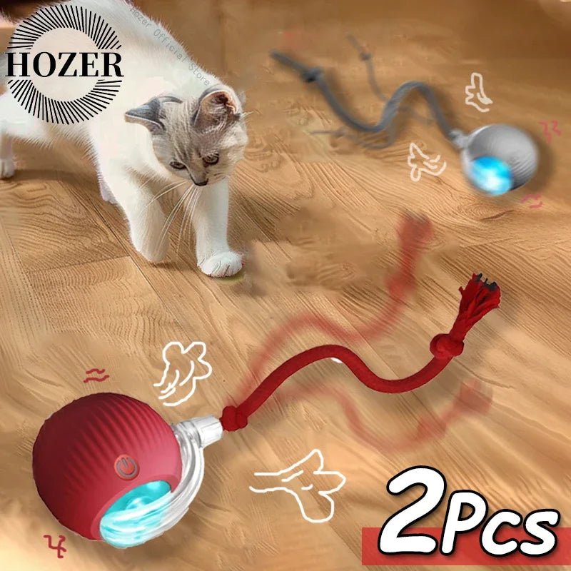 2Pcs Cat Interactive Ball Toys Automatic Rolling Ball Faux Tail Rechargeable Smart Pet Electric Toy Cat Training Imitate Mouse