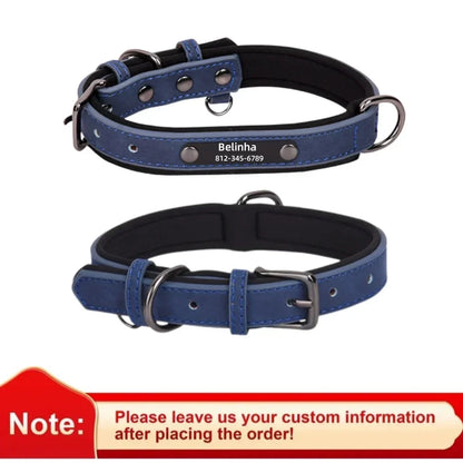 Personalized Customized Leather ID Nameplate Dog Collar Soft Padded Dogs Collars Free Engraving Name for Small Medium Large Dogs
