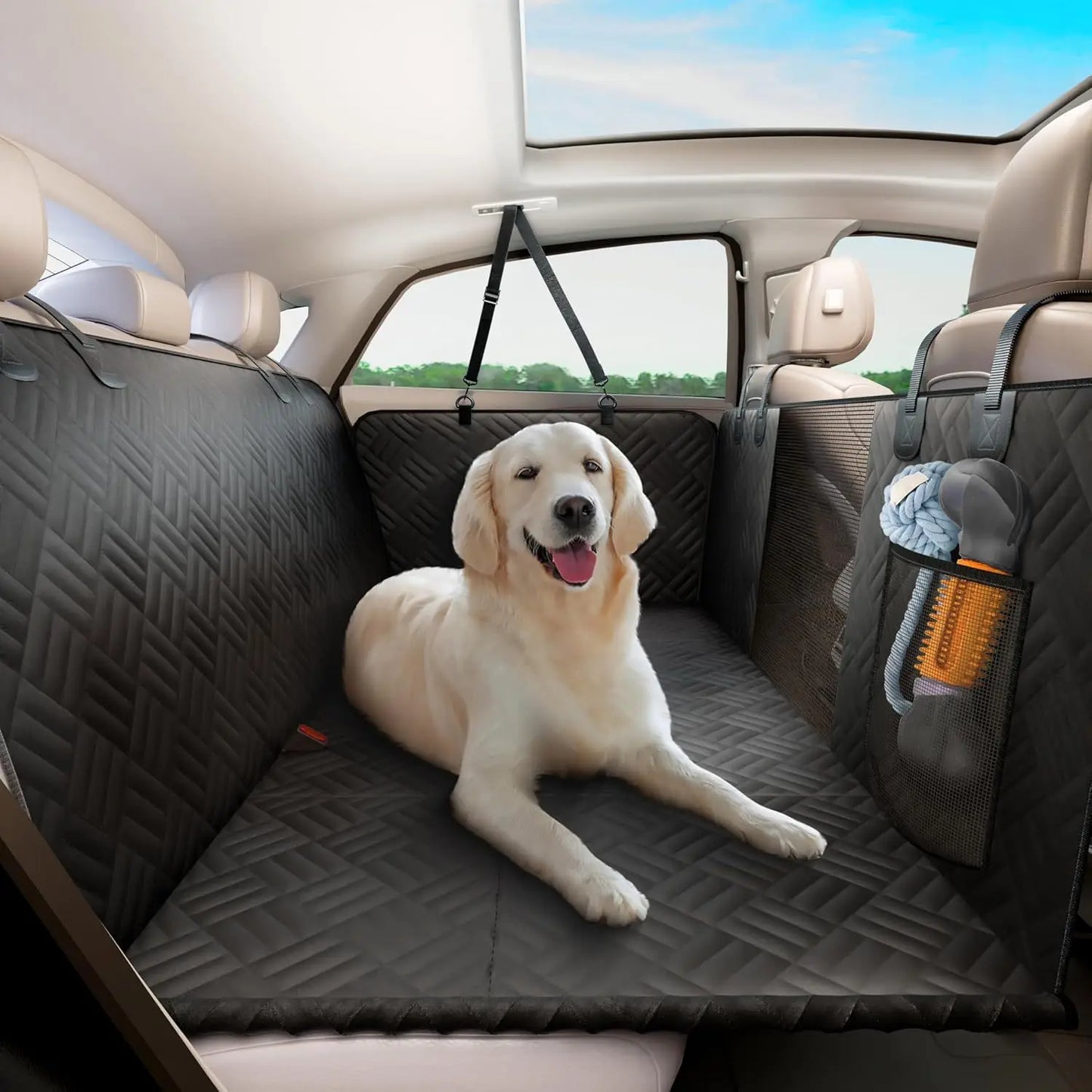 Dog Car Seat Cover for Back Seat, Hard Bottom Back Seat Extender for Dogs, Holds 400lbs, 600D Heavy Duty Scratch-Proof Waterproo
