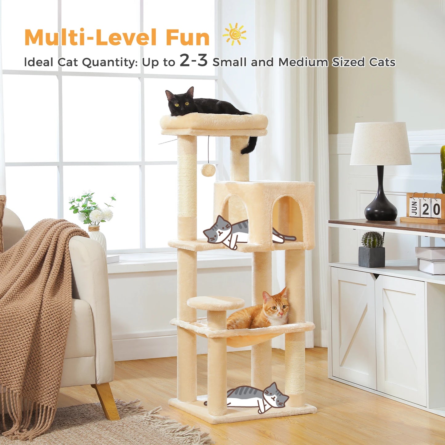Multi-Level Cat Tree with Sisal Scratching Posts Cozy Condo Big Hammock Plush Cat Tower for Indoor Kitten House Bed Cat Toys