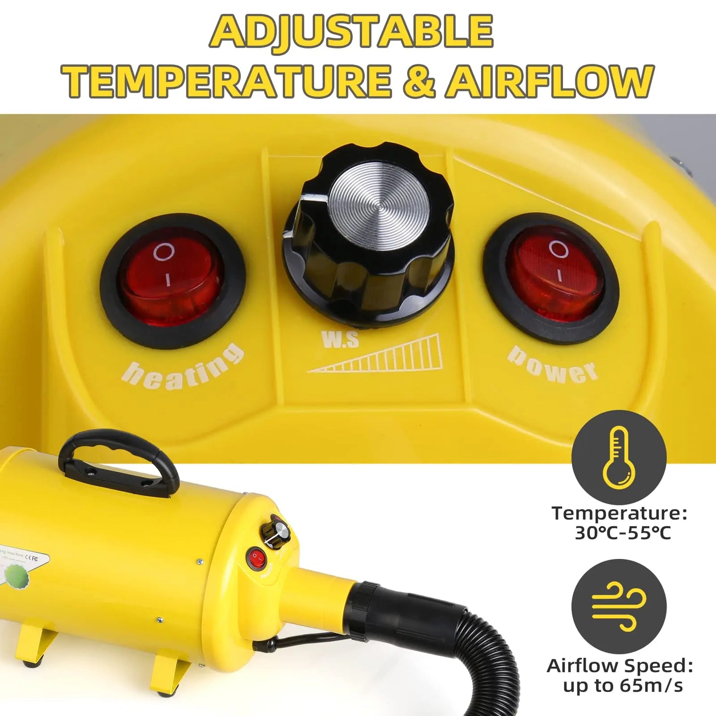 Dog Hair Dryer, 3.8HP 2800W Pet Grooming Blower for Large Dogs Hair Force Blaster with Heat, Stepless Speed Adjustable