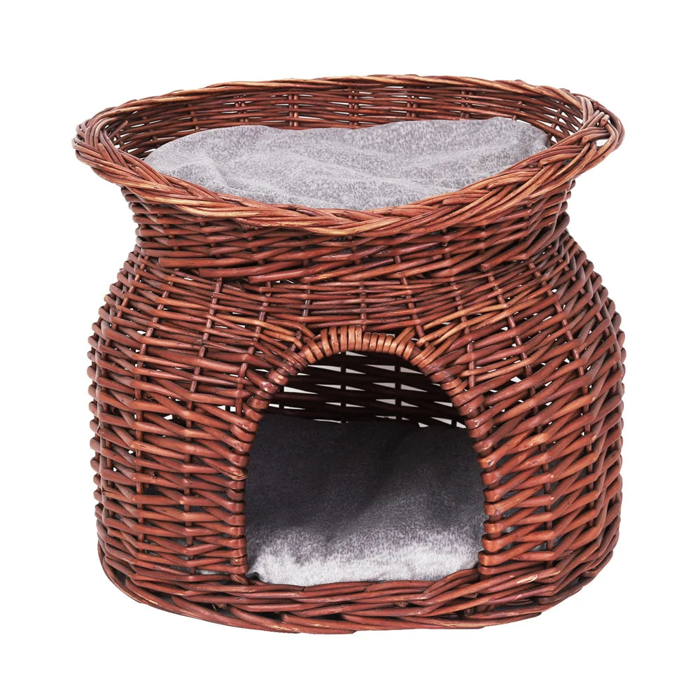 2-Tier Rattan Wicker Elevated Cat House Kitty Scratch Indoor Igloo Cat Bed Cave House Pet Bed Basket with Washable Soft Cushion