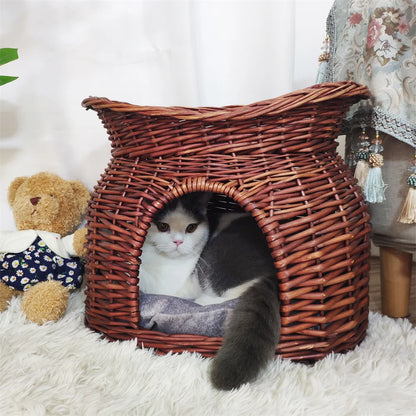 2-Tier Rattan Wicker Elevated Cat House Kitty Scratch Indoor Igloo Cat Bed Cave House Pet Bed Basket with Washable Soft Cushion