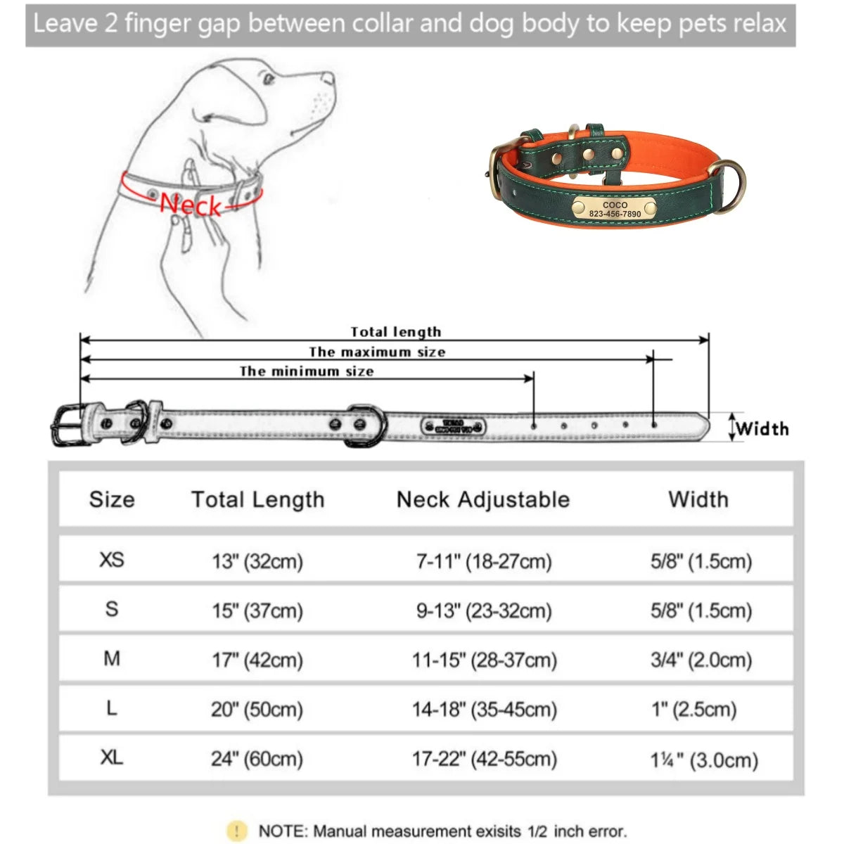 Personalized Customized Leather ID Nameplate Dog Collar Soft Padded Dogs Collars Free Engraving Name for Small Medium Large Dogs