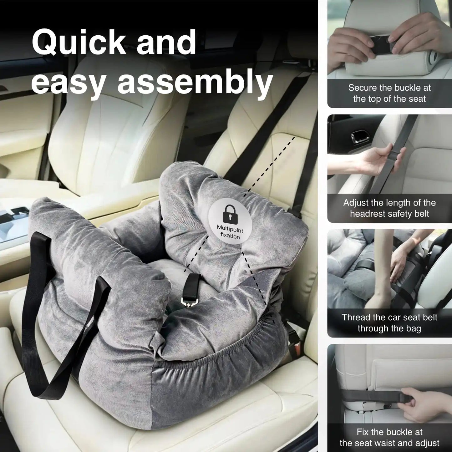 2-in-1 Dog Car Seat Carrier Bag - Detachable with Handles and Safety Belt, Travel Dog Booster Seat for Small Medium Dogs Cats