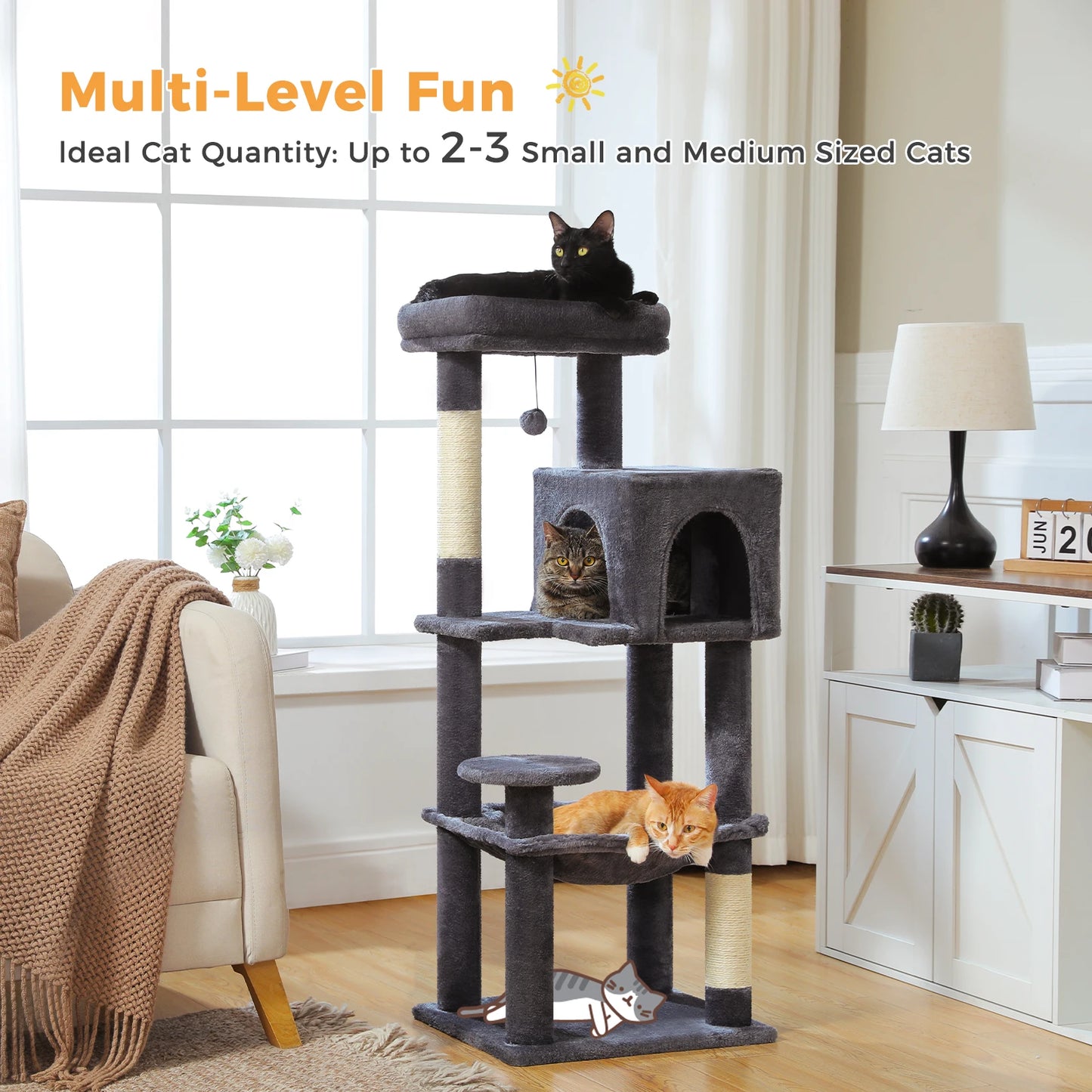 Multi-Level Cat Tree with Sisal Scratching Posts Cozy Condo Big Hammock Plush Cat Tower for Indoor Kitten House Bed Cat Toys