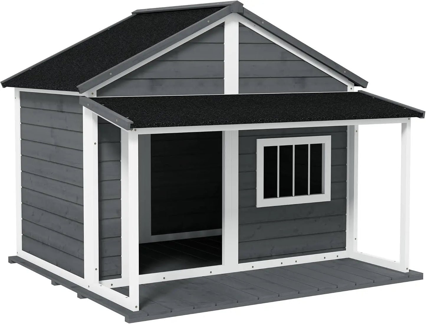 Outdoor Dog House Cabin Style,Wooden Raised Pet Kennel with Asphalt Roof,Front Door,Side Window,Porch for Medium and Large Dogs