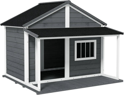Outdoor Dog House Cabin Style,Wooden Raised Pet Kennel with Asphalt Roof,Front Door,Side Window,Porch for Medium and Large Dogs