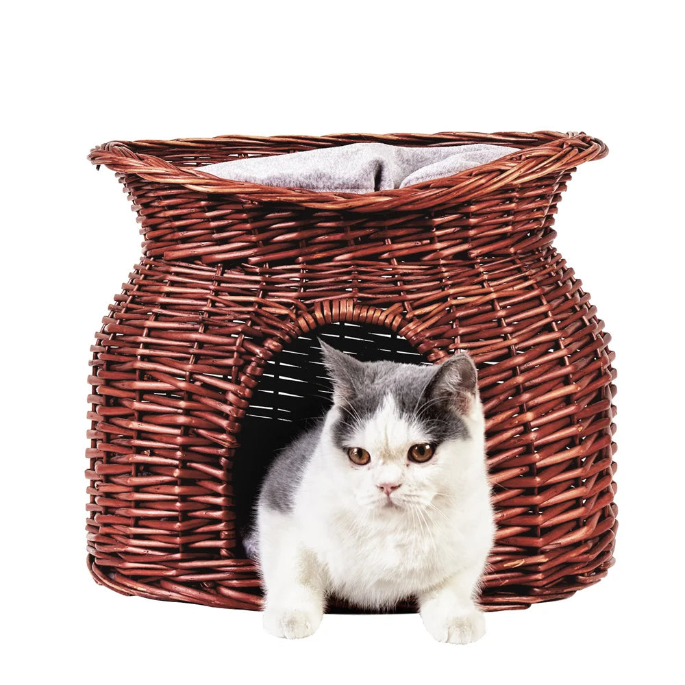 2-Tier Rattan Wicker Elevated Cat House Kitty Scratch Indoor Igloo Cat Bed Cave House Pet Bed Basket with Washable Soft Cushion